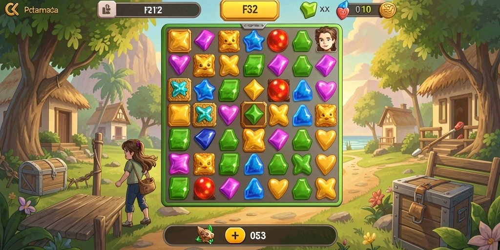 Screenshot gameplay F32 dengan aksi mencocokkan permata yang seru.