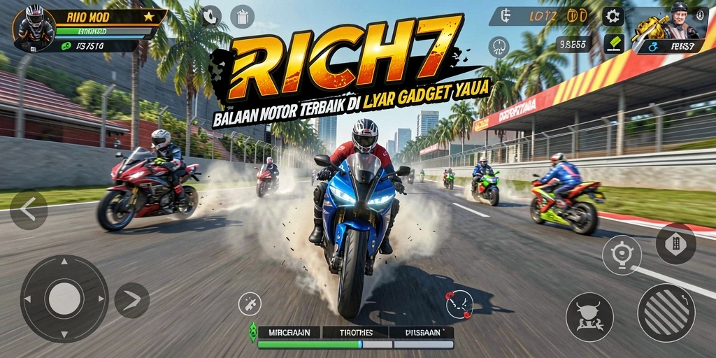 Tampilan luar biasa dari gameplay RICH7 saat balapan motor.